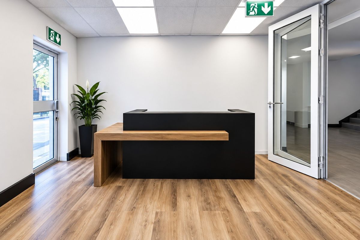 Modern commercial entrance lobby featuring a sleek built-in reception desk, wood-look flooring, and bright recessed lighting with clear access to the stairwell.