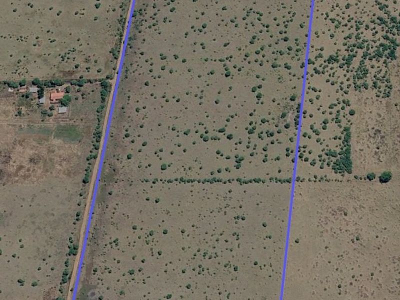 An aerial view of a vacant residential land plot with natural vegetation and boundary markers.