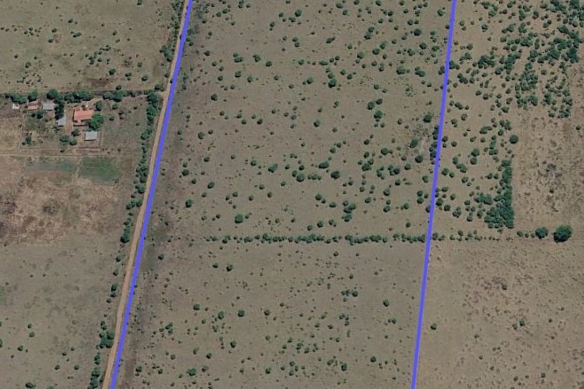 An aerial view of a vacant residential land plot with natural vegetation and boundary markers.