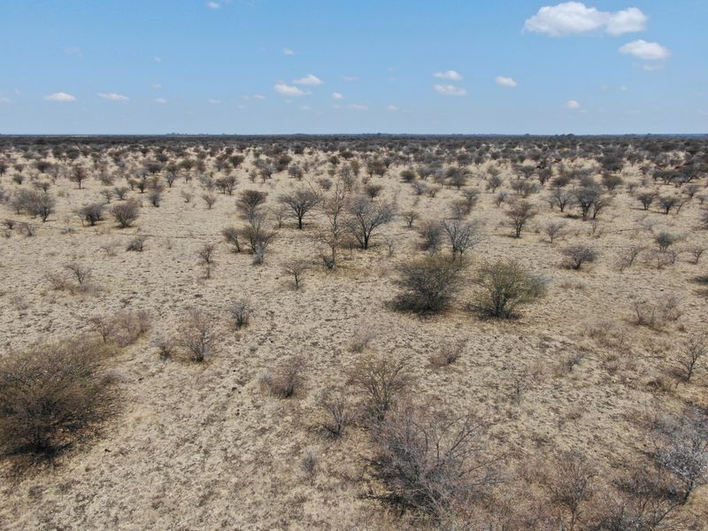 An aerial view of a large, flat, undeveloped residential land parcel featuring native scrub vegetation and open terrain.