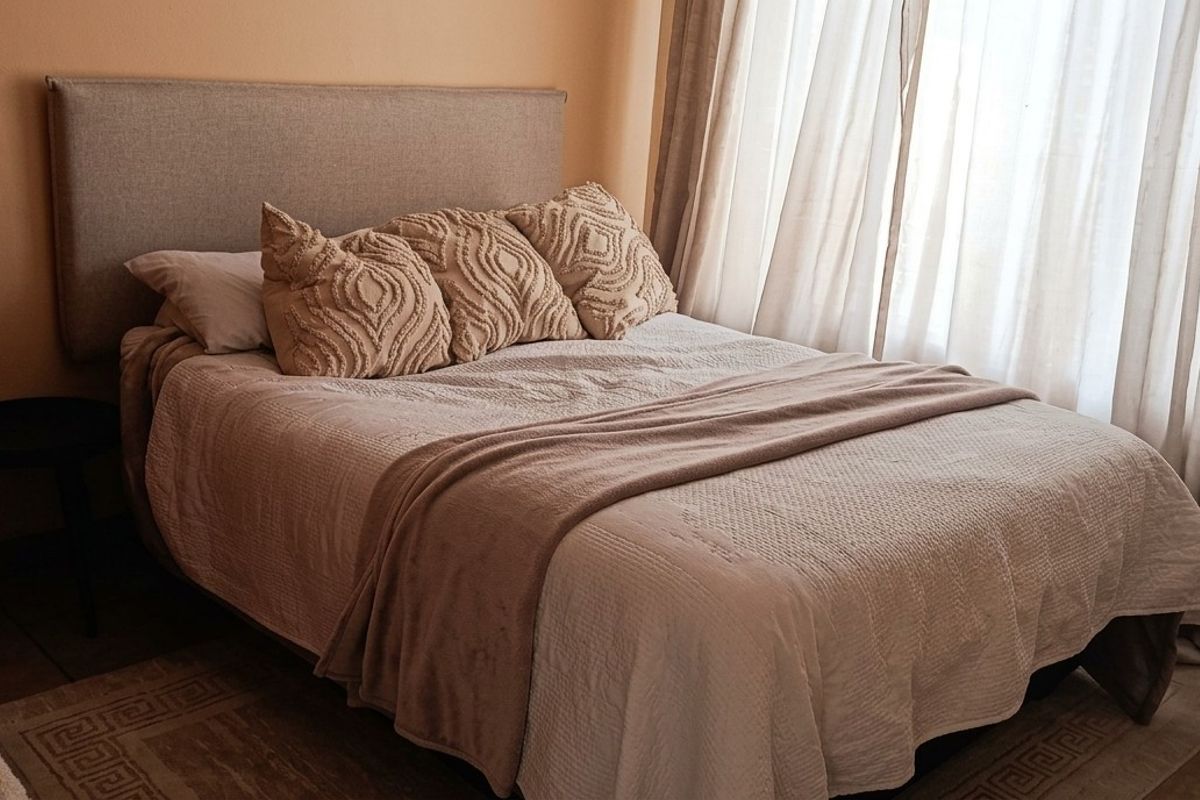 A cozy bedroom featuring neutral tones, natural light through curtains, and standard door hardware.