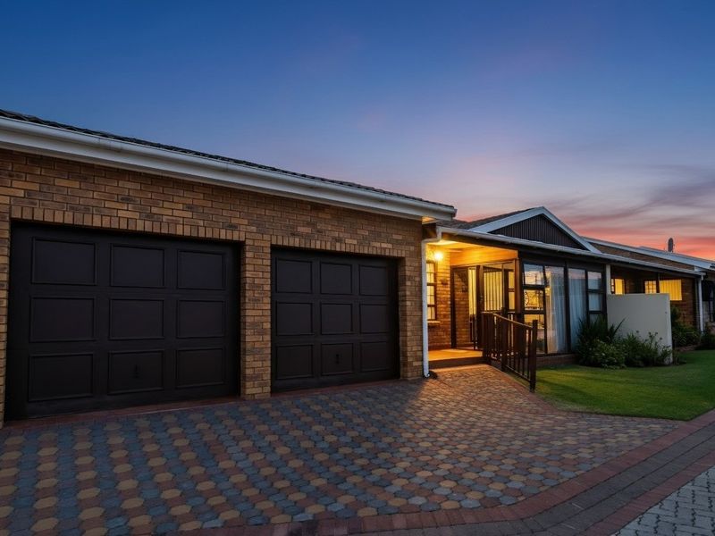 Front exterior view of a townhouse featuring a double garage, paved driveway, and a well-maintained brick facade at dusk.