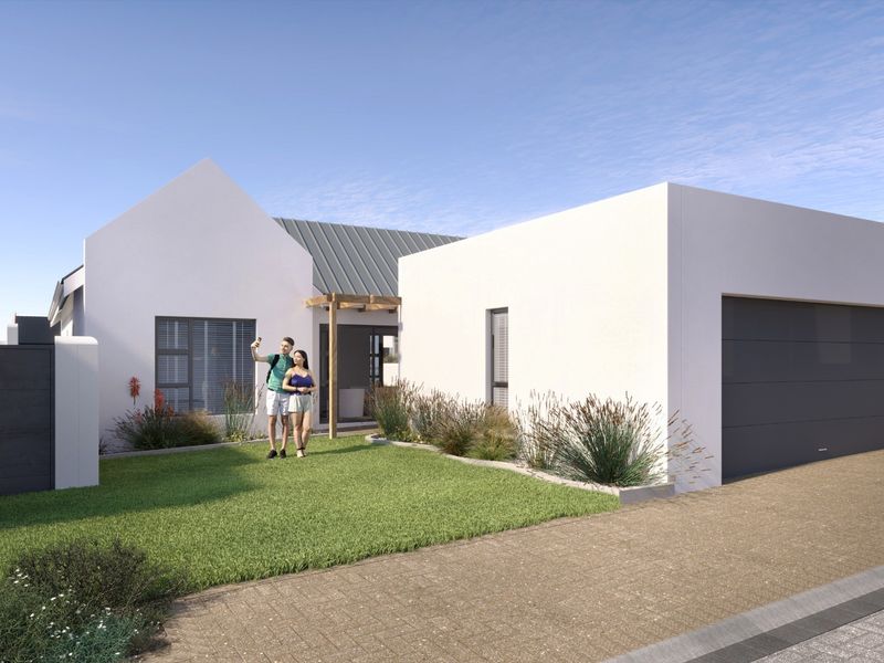 Modern single-story residential facade featuring a clean white finish, integrated garage, timber pergola entrance, and a well-maintained front lawn.
