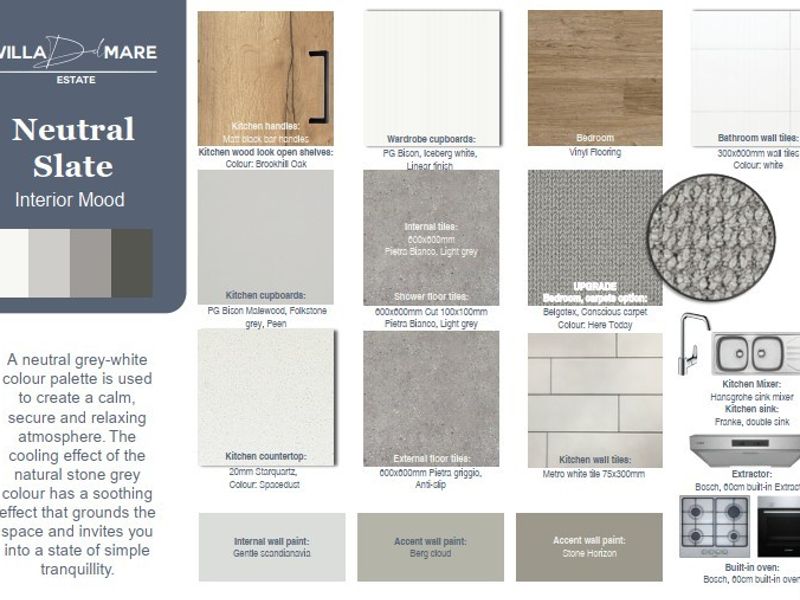 A mood board presentation showcasing interior finishes, materials, and fixtures for the Villa Del Mare estate project.