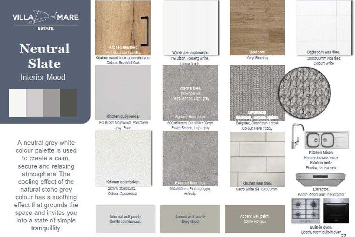 A mood board presentation showcasing interior finishes, materials, and fixtures for the Villa Del Mare estate project.