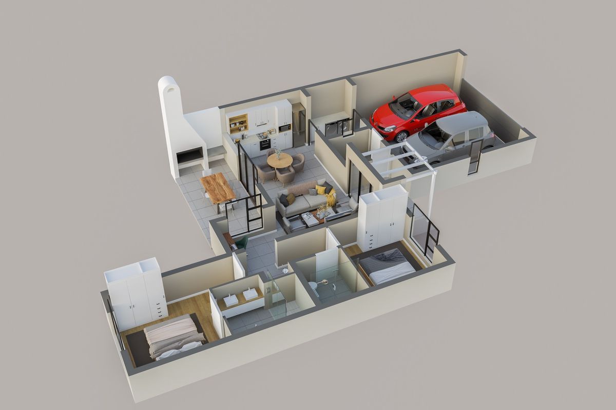 A 3D floor plan rendering showcasing the layout of the house, including the kitchen, living area, bedrooms, bathrooms, and double garage.