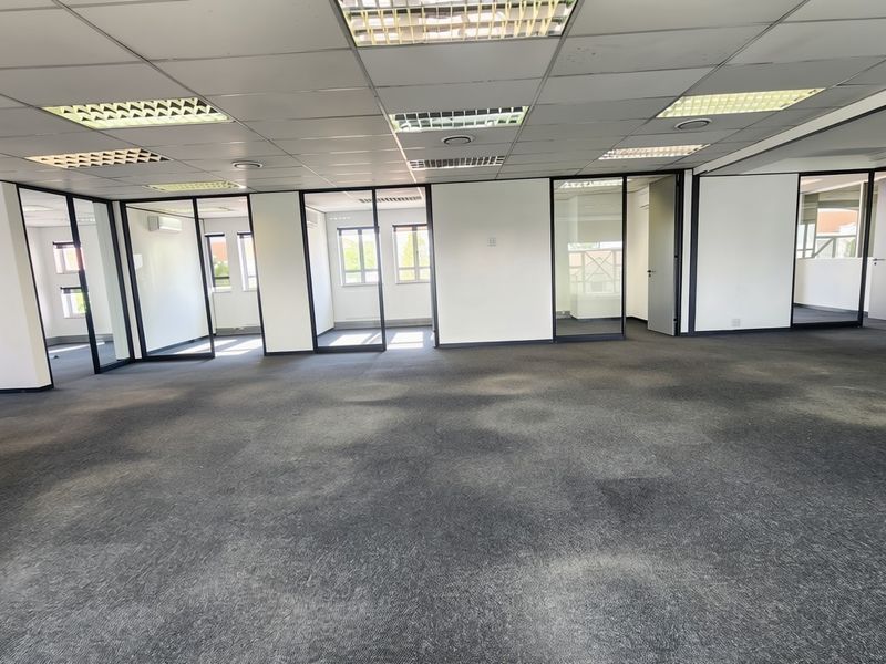 Spacious open-plan office area featuring glass partitions, suspended ceilings with recessed lighting, and carpeted flooring, offering a versatile workspace layout.