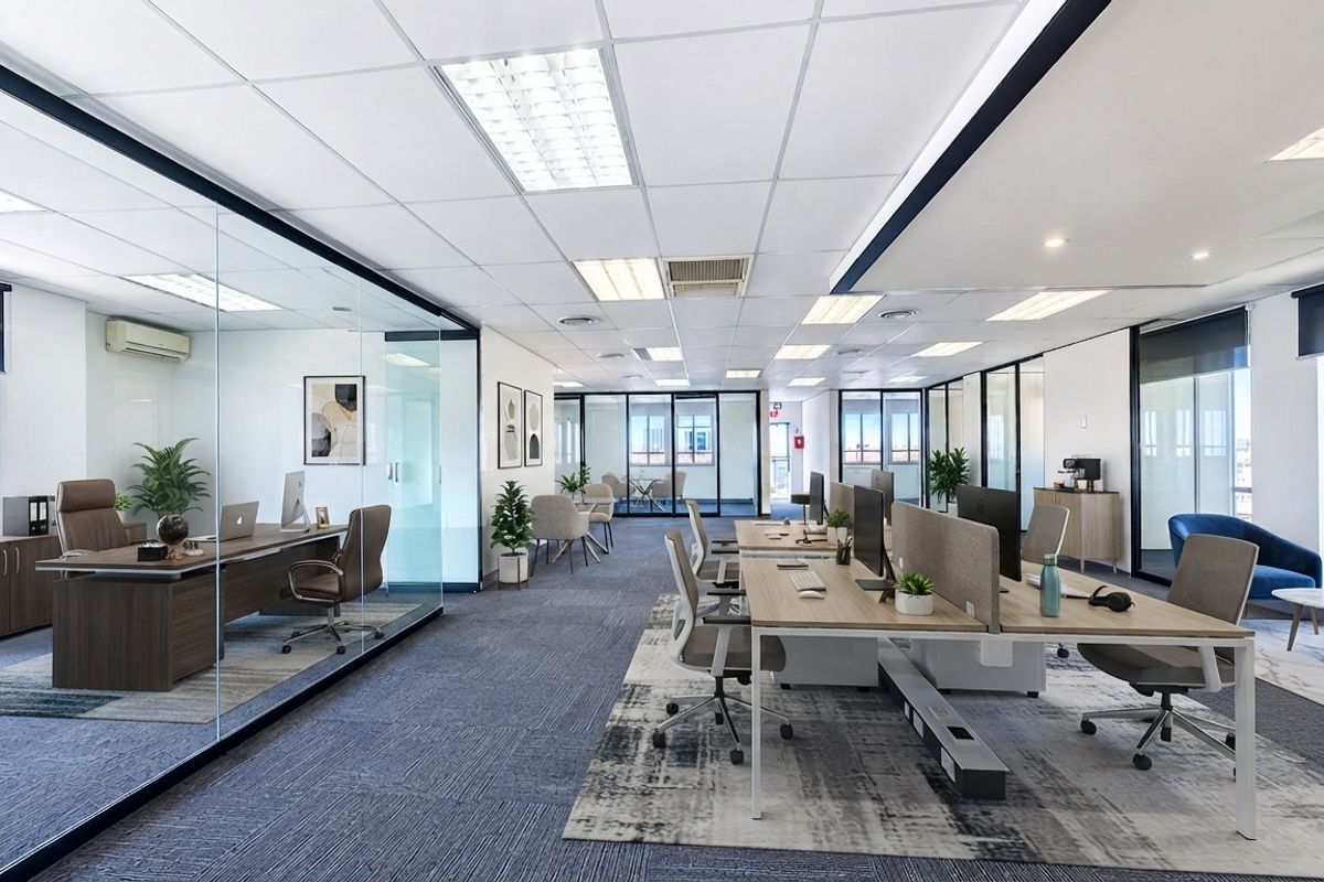 Modern open-plan office space featuring glass-partitioned private offices, suspended ceilings with recessed lighting, and high-quality carpeted flooring throughout.