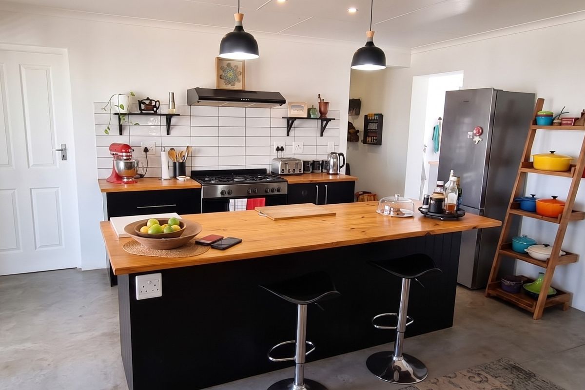 Modern kitchen featuring a central island with wooden countertop, gas hob, subway tile backsplash, and polished concrete flooring.
