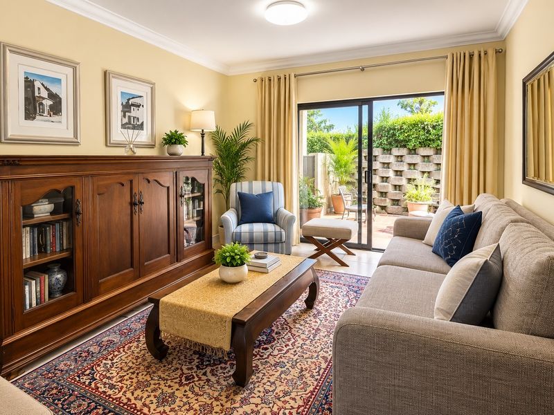 A comfortable living room featuring tiled flooring, cove cornicing, and a sliding glass door providing direct access to the rear patio area.