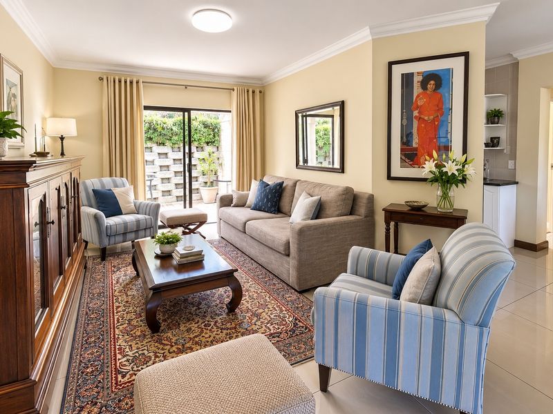 A well-maintained living room featuring tiled floors, crown molding, and a sliding glass door providing access to the outdoor patio area.
