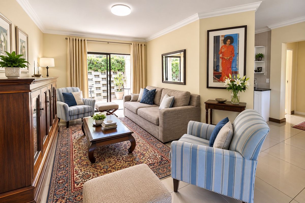 A well-maintained living room featuring tiled floors, crown molding, and a sliding glass door providing access to the outdoor patio area.