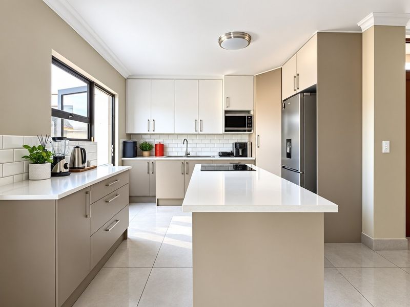 Modern, well-maintained kitchen featuring sleek cabinetry, quartz countertops, a central island with a cooktop, and a clean subway tile backsplash.