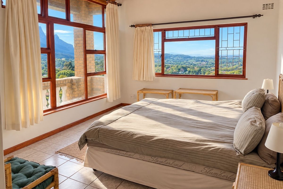 A bright bedroom featuring exposed timber ceiling beams, tiled flooring, and large timber-framed windows offering expansive mountain and landscape views.