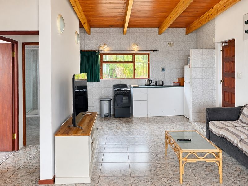 Open-plan living area featuring a kitchen with tiled splashbacks, exposed timber ceiling beams, and direct access to an adjacent bathroom.