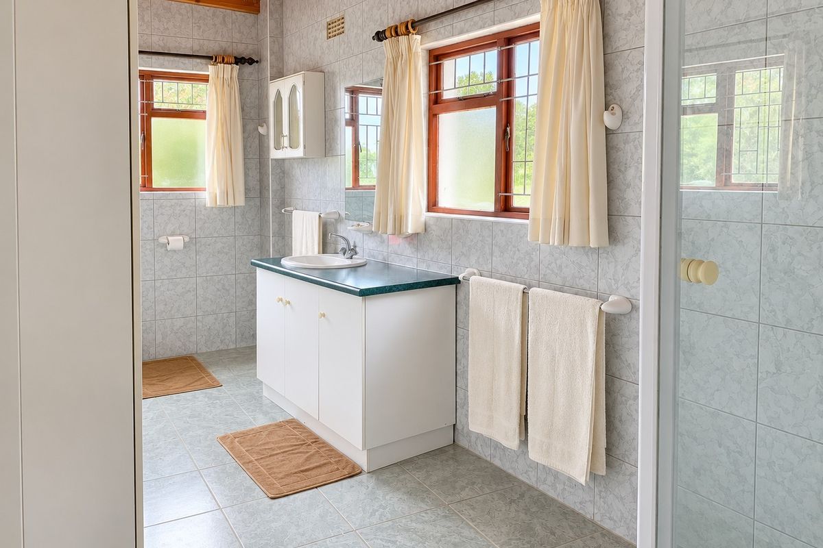 A functional bathroom featuring a vanity unit, tiled surfaces, and exposed timber ceiling beams, offering a dated aesthetic ready for modernization.