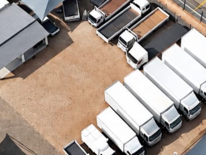 Aerial view of a commercial property featuring a large paved yard area, a metal-roofed structure, and designated parking for multiple commercial vehicles.