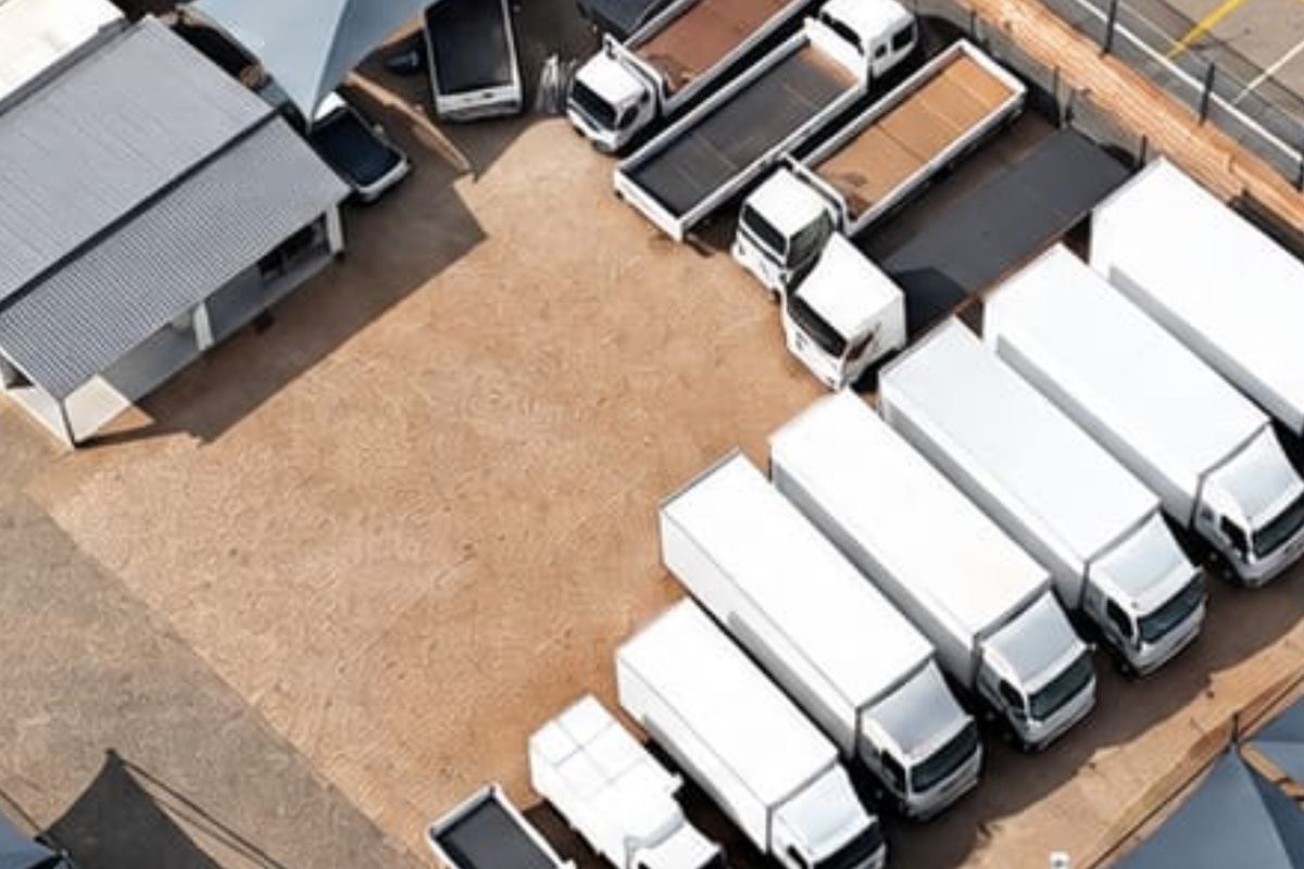 Aerial view of a commercial property featuring a large paved yard area, a metal-roofed structure, and designated parking for multiple commercial vehicles.