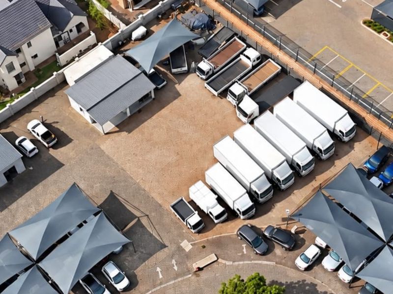 Aerial view of a commercial property featuring a large paved yard, multiple shade cloth parking bays, and an outbuilding.