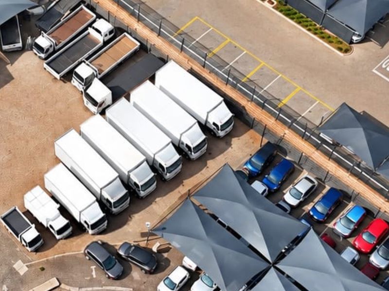 Aerial view of a commercial property featuring a paved parking lot with shade cloth structures and perimeter security fencing.