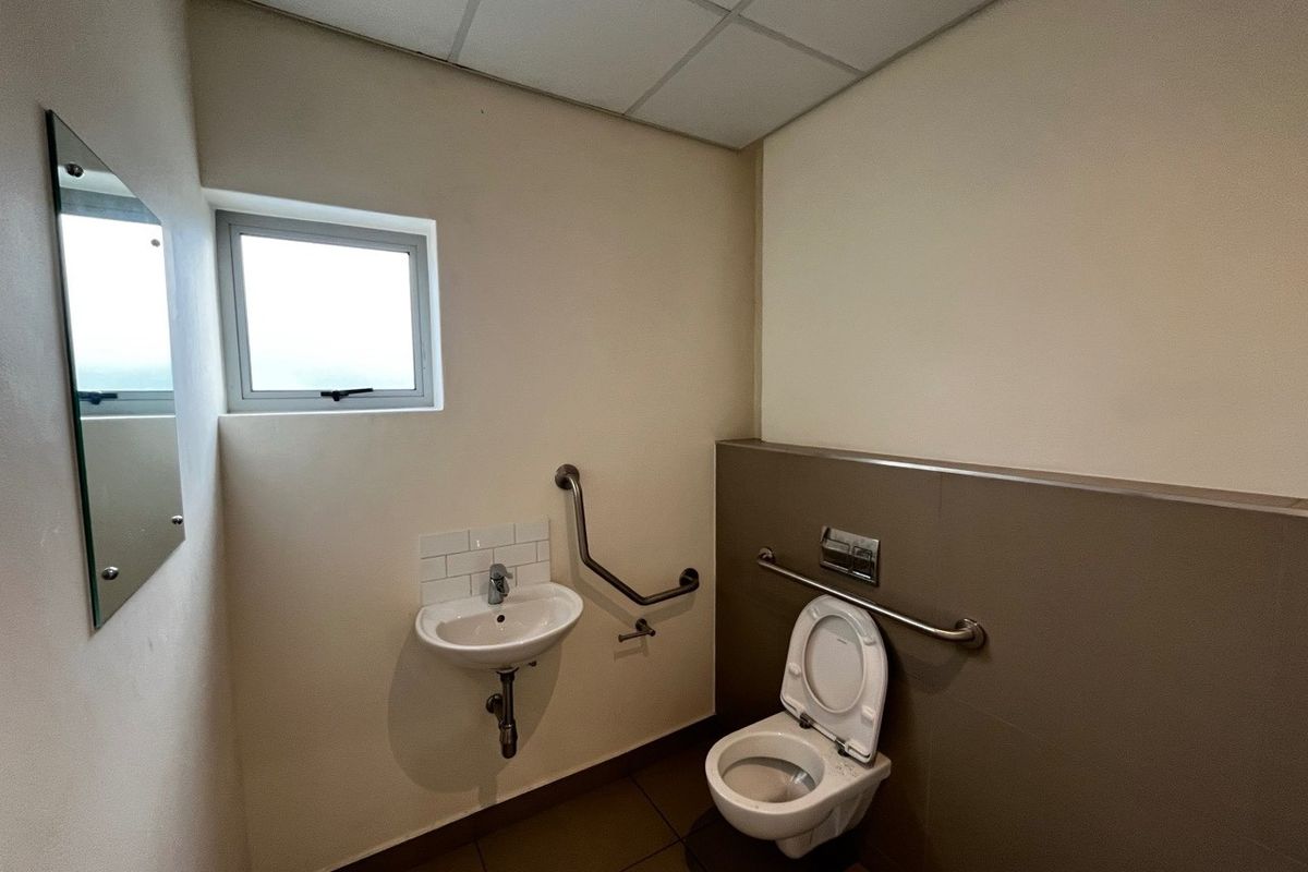 A functional, accessible bathroom featuring a wall-mounted basin, wall-hung toilet, and safety grab rails, finished with neutral wall tiles and a drop ceiling.