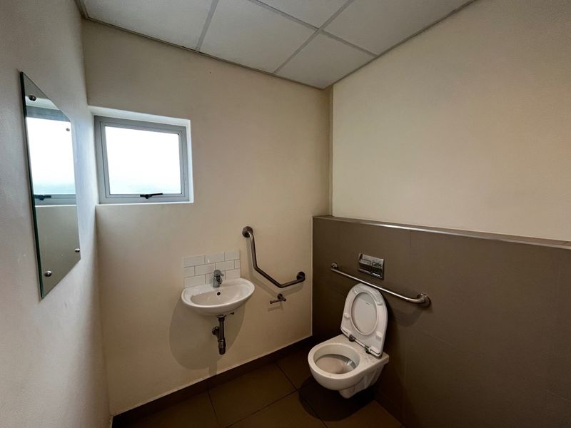 A functional, accessible bathroom featuring a wall-mounted basin, wall-hung toilet, and safety grab rails, finished with neutral wall tiles and a drop ceiling.
