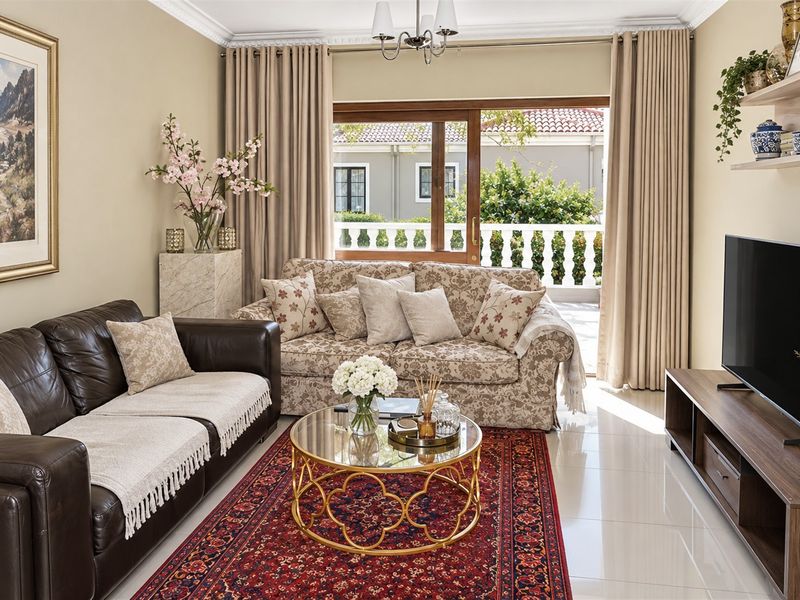 A well-maintained living room featuring tiled flooring, crown molding, and a sliding glass door leading to a balcony with a balustrade.