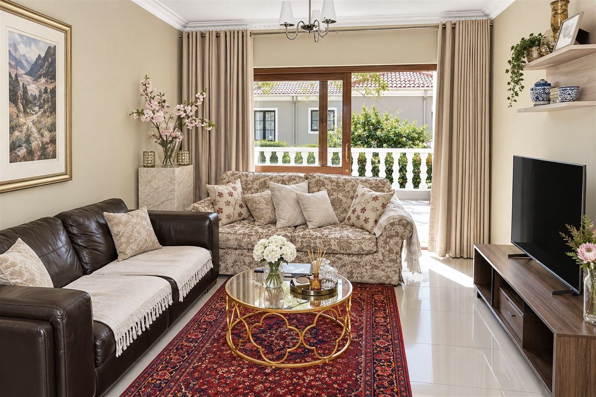 A well-maintained living room featuring tiled flooring, crown molding, and a sliding glass door leading to a balcony with a balustrade.