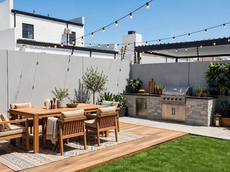 A well-appointed outdoor patio featuring timber decking, a built-in stone barbecue station, a vertical garden, and overhead string lighting for evening ambiance.