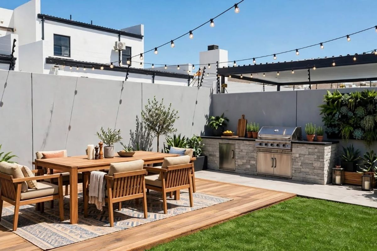 A well-appointed outdoor patio featuring timber decking, a built-in stone barbecue station, a vertical garden, and overhead string lighting for evening ambiance.