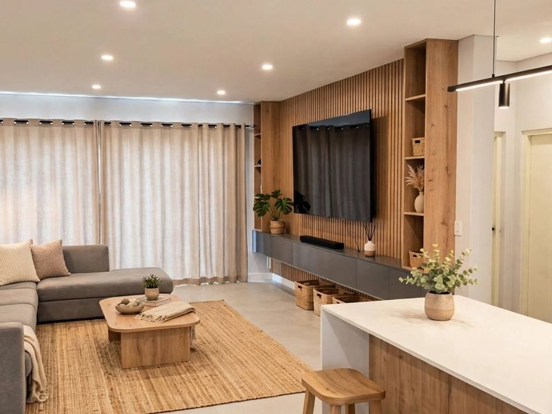 Modern open-plan living area featuring a sleek kitchen with integrated appliances and a stylish timber-accented media wall with built-in cabinetry.