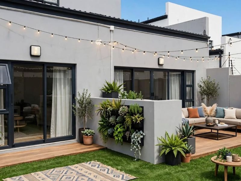 A well-maintained rear exterior featuring timber decking, a vertical garden wall, and sliding glass doors providing seamless indoor-outdoor flow.