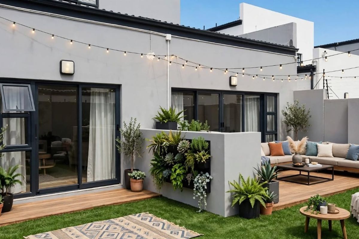 A well-maintained rear exterior featuring timber decking, a vertical garden wall, and sliding glass doors providing seamless indoor-outdoor flow.