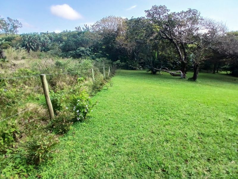 A view of a well-maintained grassy garden area featuring mature trees and a wire boundary fence.