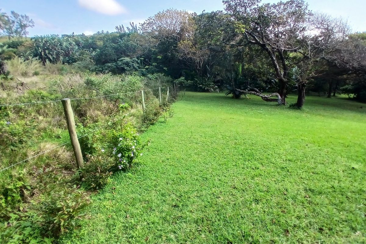 A view of a well-maintained grassy garden area featuring mature trees and a wire boundary fence.