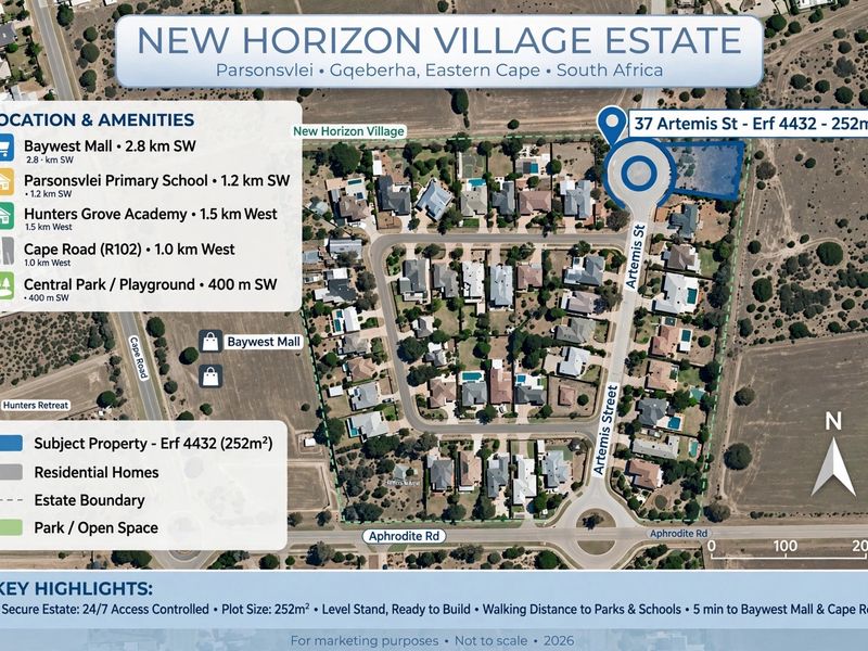 Aerial map view of New Horizon Village Estate highlighting the location of the vacant residential plot at 37 Artemis Street.