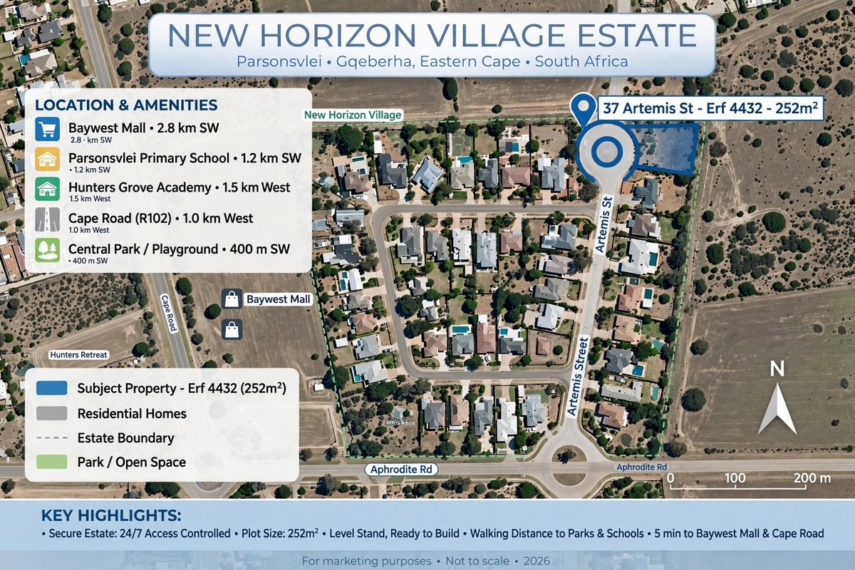Aerial map view of New Horizon Village Estate highlighting the location of the vacant residential plot at 37 Artemis Street.
