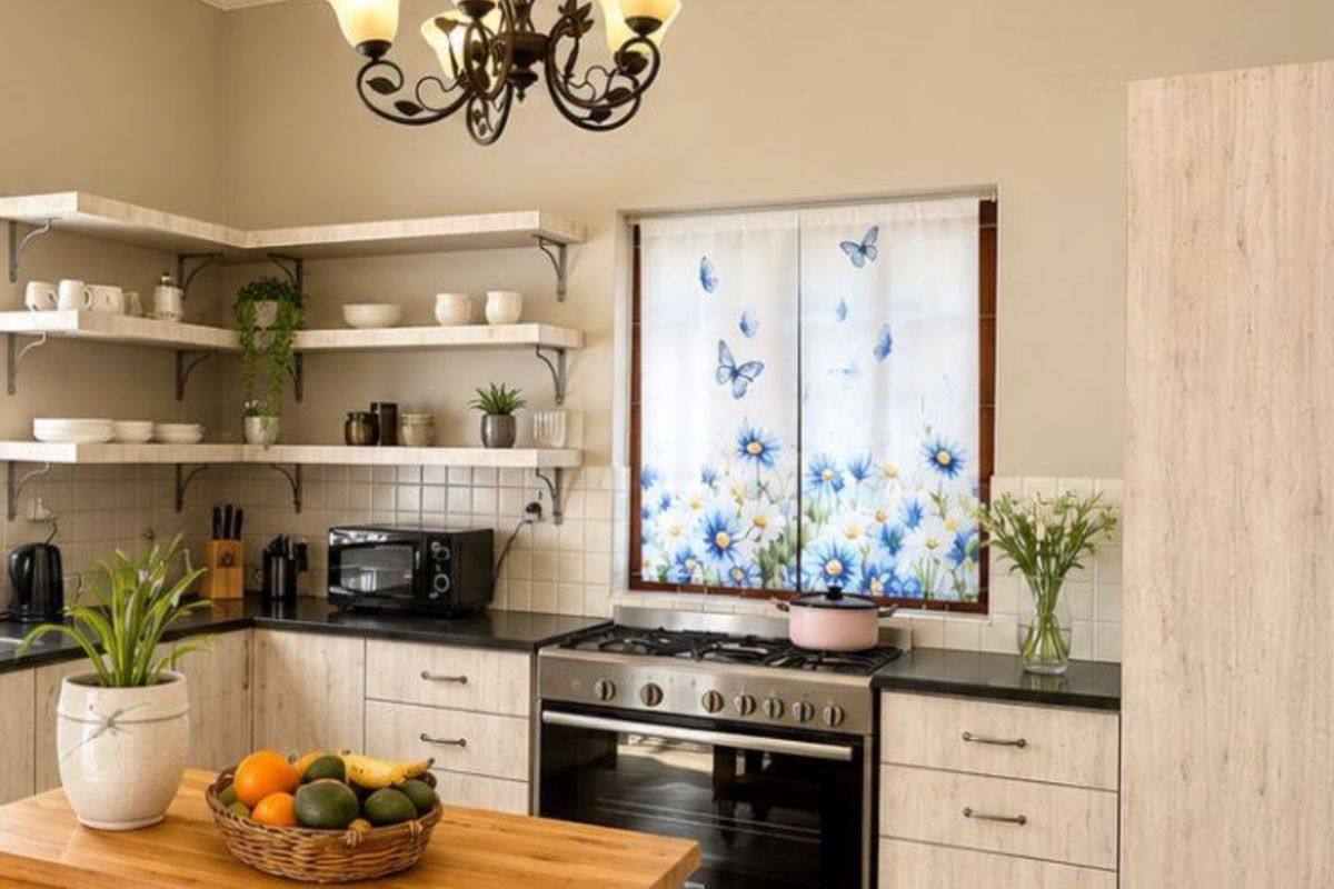 A functional kitchen featuring light wood-look cabinetry, open shelving, a tiled backsplash, and a built-in gas stove with oven.