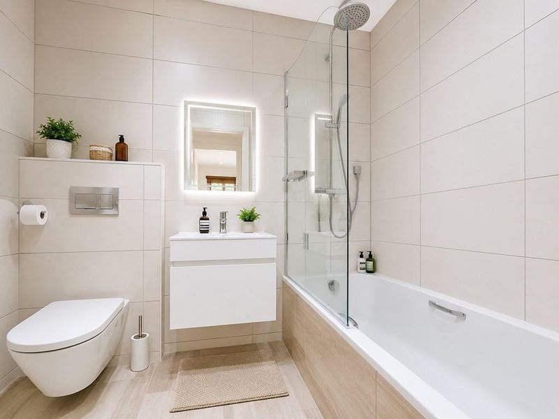 Modern bathroom featuring a wall-hung toilet, vanity unit with illuminated mirror, and a bathtub with a glass shower screen and rainfall shower head.
