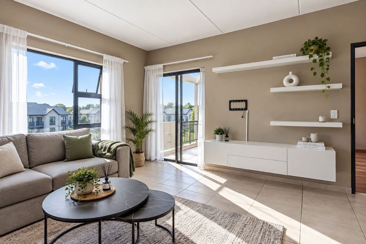 Bright and modern living room featuring tiled floors, floating cabinetry, wall shelving, and direct access to a private balcony through sliding glass doors.