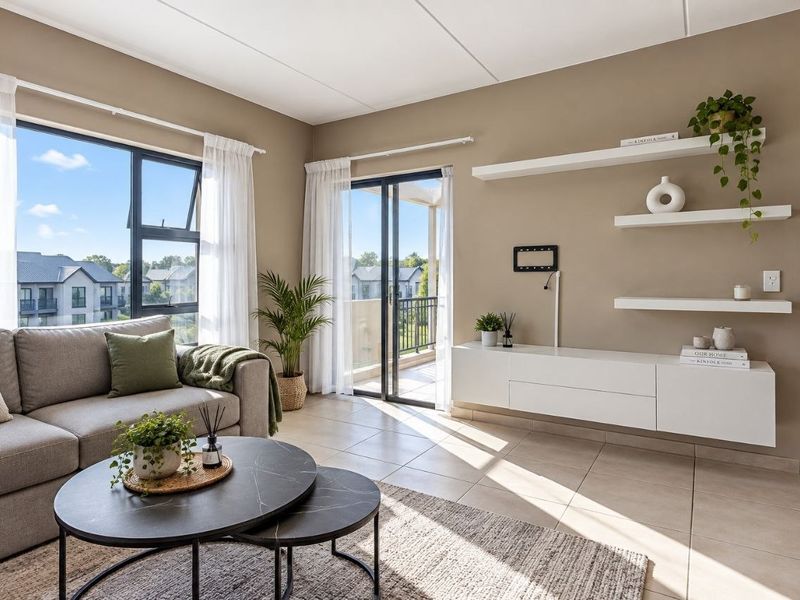 Bright and modern living room featuring tiled floors, floating cabinetry, wall shelving, and direct access to a private balcony through sliding glass doors.