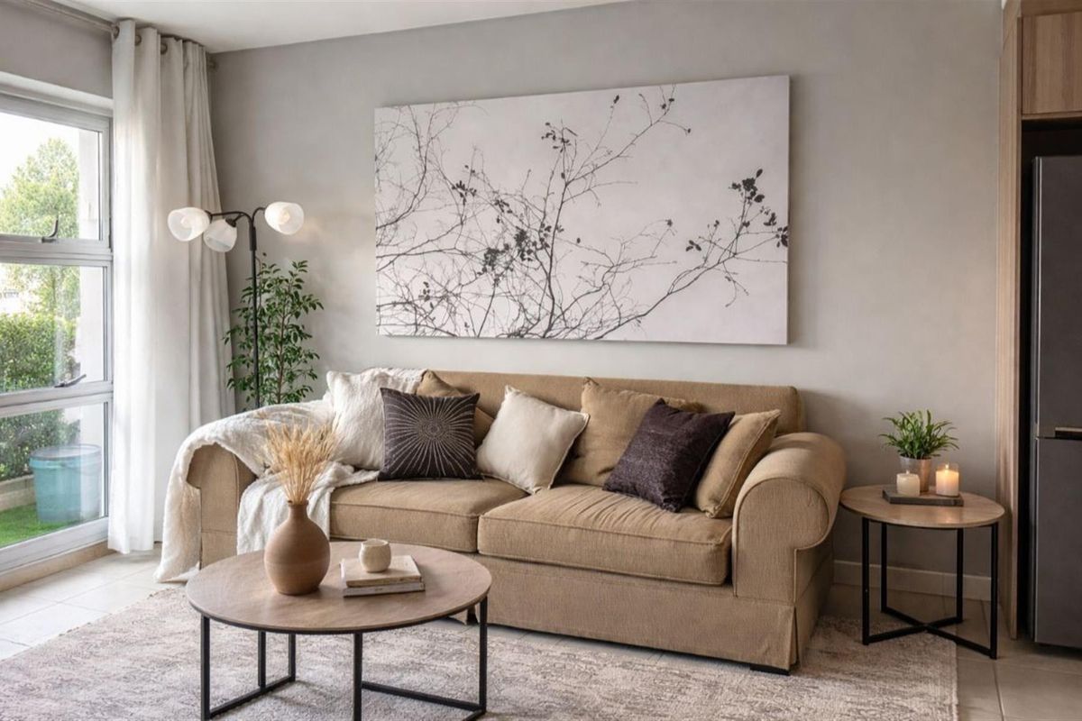 A well-maintained living room featuring neutral wall tones, tiled flooring, and a large sliding glass door providing natural light.