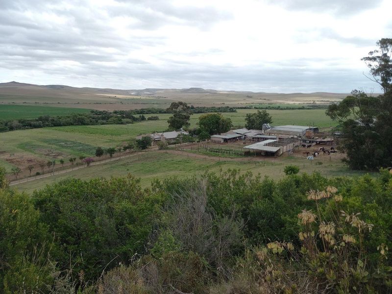 An elevated aerial view of the farm property, showcasing the main buildings, surrounding agricultural land, and open fields under a cloudy sky.
