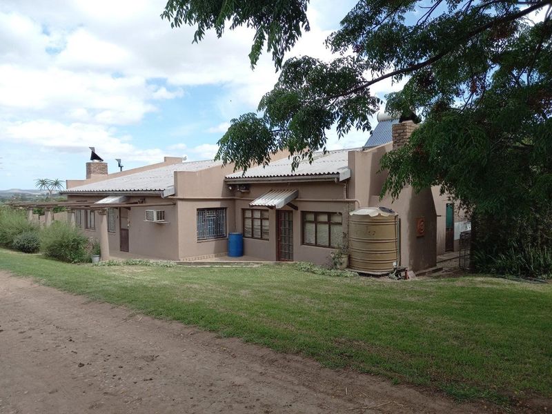 Rear view of a farm-style dwelling featuring a corrugated metal roof, brick chimneys, and an integrated water storage tank set within a grassy landscape.