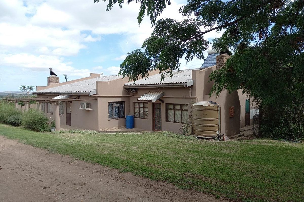 Rear view of a farm-style dwelling featuring a corrugated metal roof, brick chimneys, and an integrated water storage tank set within a grassy landscape.