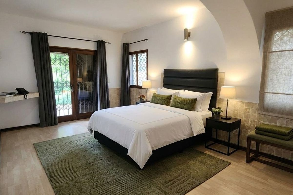 A well-maintained bedroom featuring arched architectural details, tiled wainscoting, laminate flooring, and direct access to the outdoors through double glass doors.