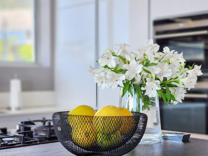 A close-up view of a modern kitchen featuring a gas hob and built-in oven, showcasing clean lines and contemporary finishes.