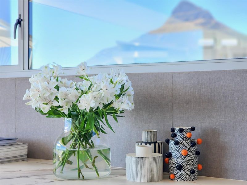 A close-up view of a marble countertop set against a large window showcasing a scenic mountain landscape.
