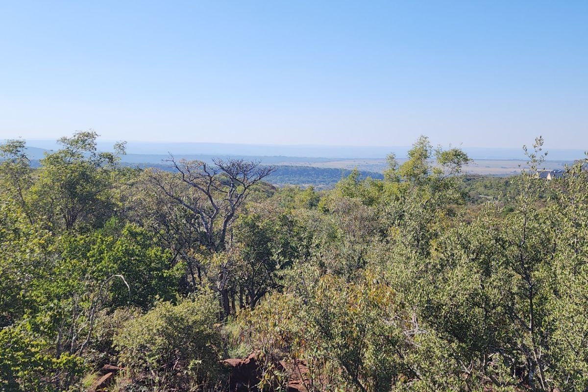 A scenic, elevated view overlooking a vast expanse of natural bushveld and native landscape, showcasing the property's tranquil and expansive surroundings.