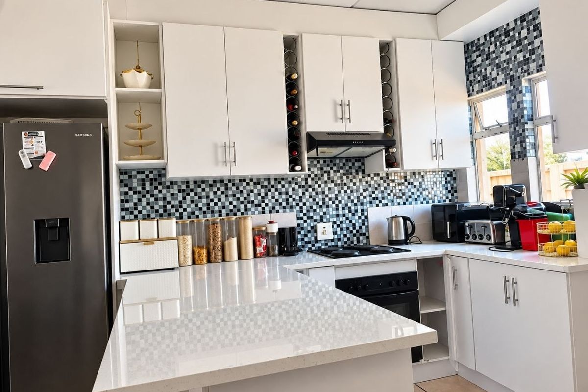 Modern kitchen featuring white cabinetry, quartz countertops, and a distinctive mosaic tile backsplash with integrated oven and hob.